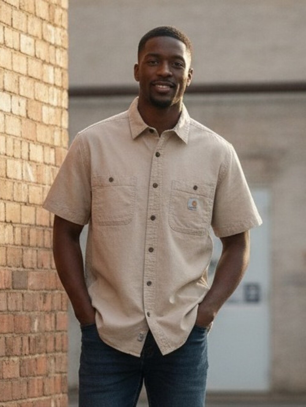 Carhartt Mens Shirt Large Tall Relaxed Fit Short Sleeves Button-Down Pockets Tan